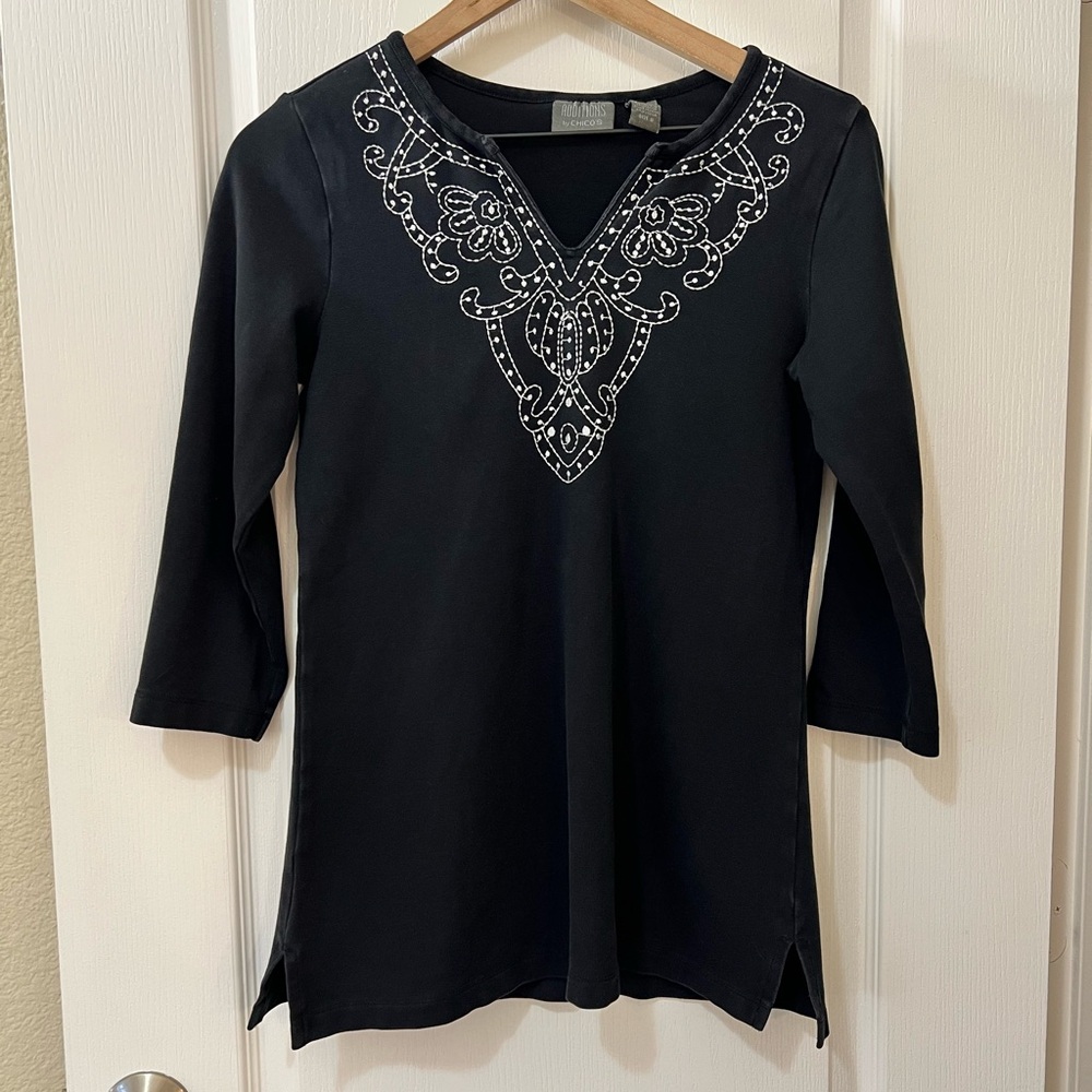 Chico's Black Tunic with White Embroidery Women’s 0